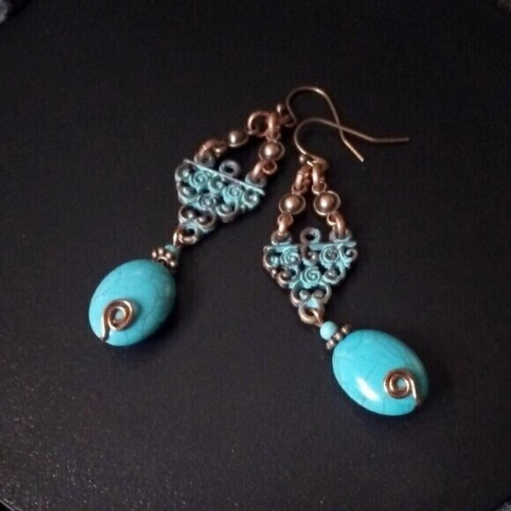 2/$25!!! Aqua Howlite + Copper Patina Painted Earrings - Big Bold Gorgeous! - Picture 6 of 12